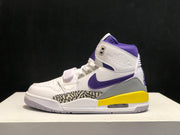 Opposite side view of the high-top sneaker showing the white upper, purple branding, grey heel panel, yellow midsole, and textured side detail.