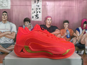 Side profile of a red basketball sneaker showing layered upper panels, gold-tone detailing, and the CUSH-LON sole marking.