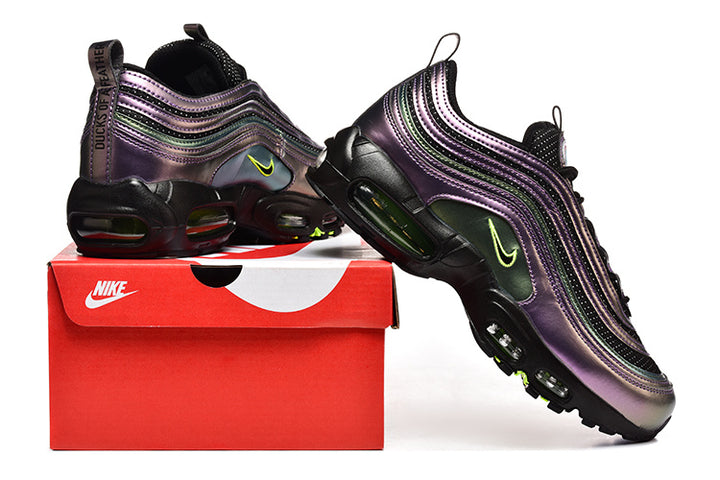 Pair of metallic purple-toned Nike Air Max 97 sneakers displayed with a red Nike shoe box.