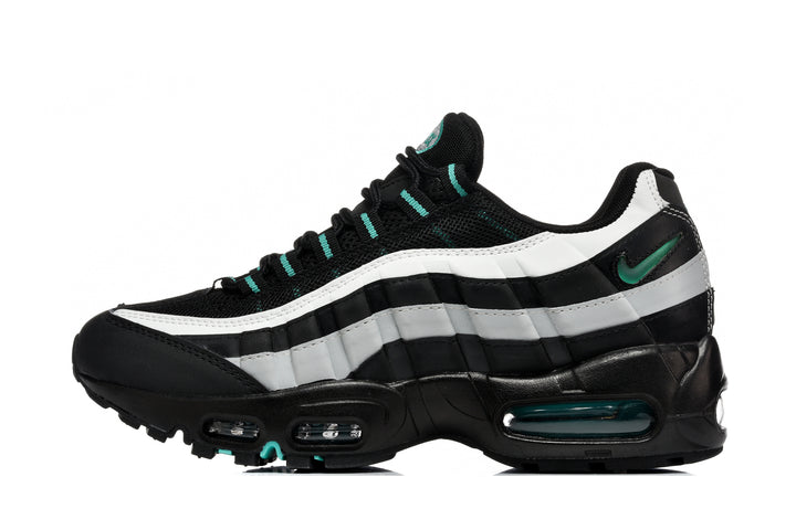 Side view of black Nike Air Max 95 sneakers with white layered panels and teal accents