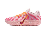Side profile of a pink Nike sneaker with a purple-and-gold Swoosh and translucent textured sole.