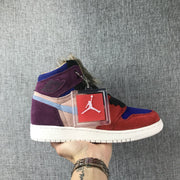 Side view of a red, purple, blue and pink Jordan high-top sneaker with a light-colored sole and decorative hangtag.