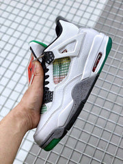 Outer side view showing the white upper, multicolor mesh, black lace hardware, gray speckled midsole, and heel window.