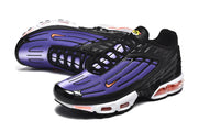 Pair of black and purple Nike Air Max Plus III sneakers viewed at an angle.