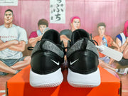 Rear view of black Nike shoes with gray patterned collars and white soles.