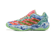 Side profile of a multicolor camouflage Adidas basketball sneaker