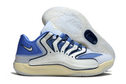 Blue and white Nike KD 18 sneaker with a patterned outsole visible.