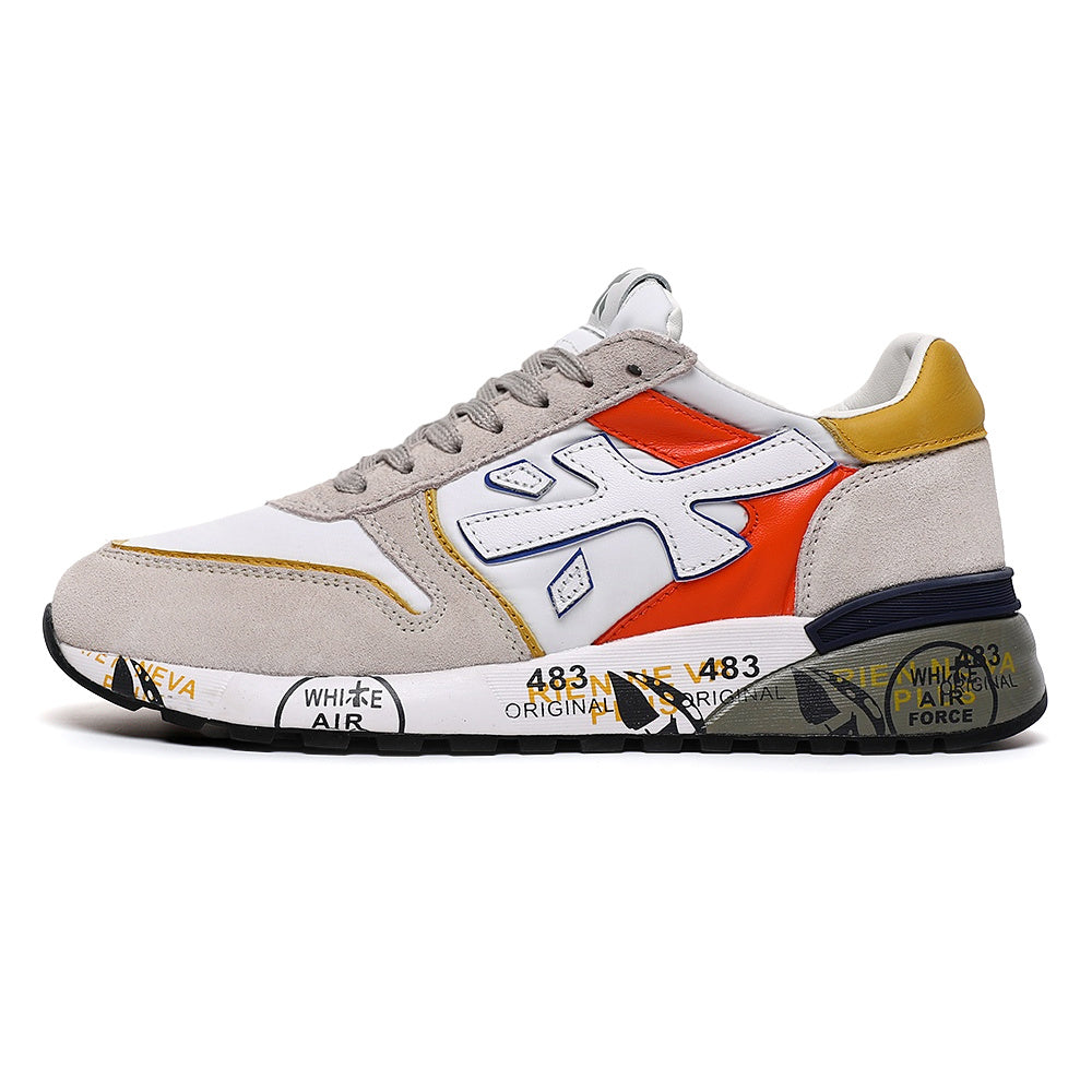 Side view of a Premiata 483 low-top sneaker in white, grey, orange and mustard yellow.