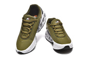 Two olive green Nike Air Max DN sneakers shown from front and top angles.