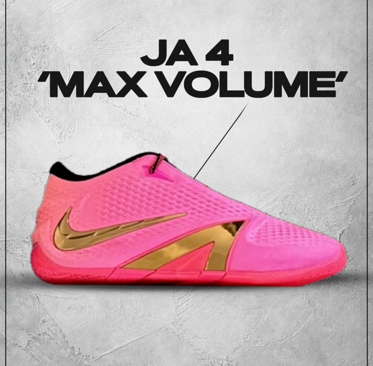 Pink and gold Nike JA 4 Max Volume basketball sneaker shown in side profile, with a textured upper, gold Swoosh and black collar lining.