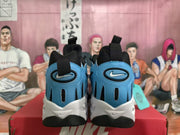Rear view of the blue and white Nike sneakers showing heel branding, pull tabs, and contrasting midsoles.