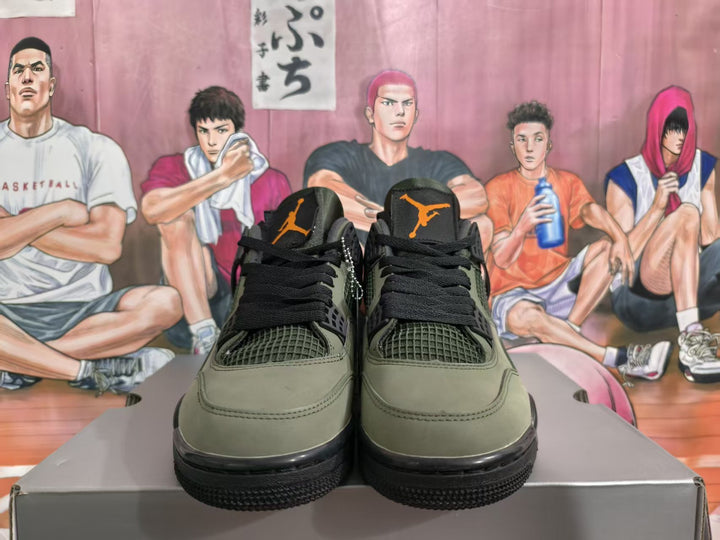 Front view of olive green and black Jordan 4-style sneakers with orange Jumpman tongue logos.