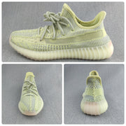 Composite product view showing side, front, and rear angles of the pale green knit sneakers.