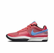 Side view of a red low-top basketball sneaker with a blue Swoosh and black-and-white outsole.