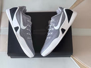 Overhead view of a pair of grey and white low-top basketball shoes on a box.