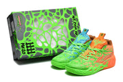The blue and orange sneakers displayed beside a matching green graphic shoe box.