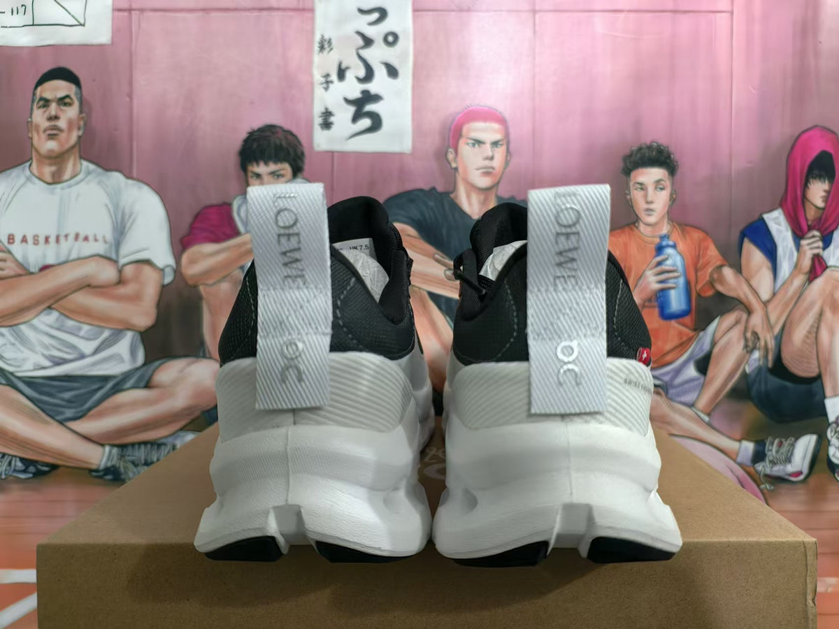 Rear view of black and white On sneakers showing heel details and sculpted soles