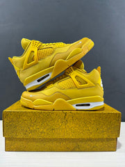 Yellow Jordan Air Jordan 4 sneakers displayed from opposite side angles with white midsole detailing.