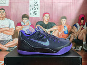 Side profile highlighting the black upper, purple accents, Nike swoosh, and basketball-inspired construction.