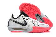 Side and outsole view of Nike GT Cut 3 shoes with a bright red patterned tread.