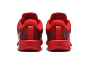 Rear view of the red basketball sneakers showing padded collars and heel panels.