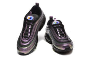 Front view of the pair of metallic purple-toned Nike Air Max 97 sneakers.