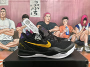 Side view of a black Nike basketball shoe showing a yellow Swoosh, purple accents and visible Kyrie branding.