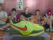 Side profile of a neon green Nike basketball sneaker with a large orange and black Swoosh and dark gray heel section.