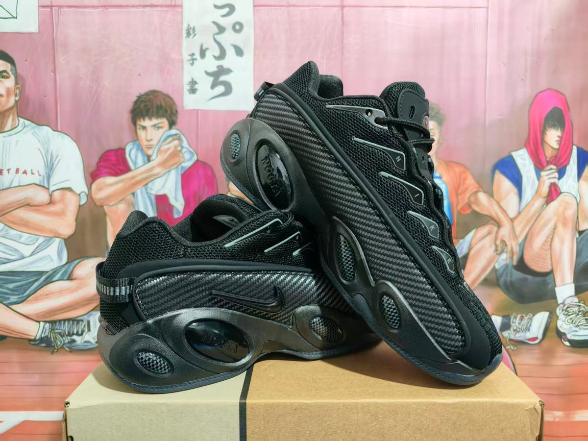 Black Nike sneakers shown from the side and at an angle