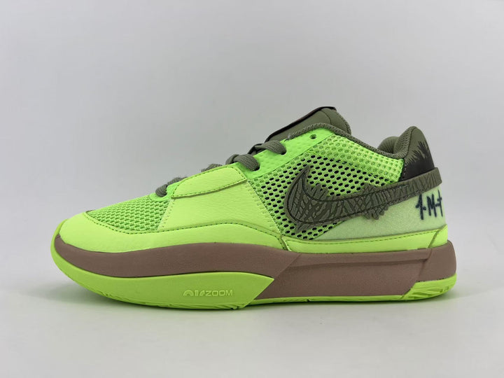 Side view of a neon green and olive Nike low-top sneaker with mesh panels and a brown midsole