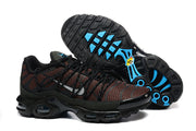 Nike Air Max Plus sneakers shown from the side and underside, with blue outsole accents.