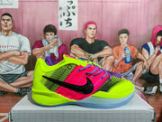 Close side view of the neon green, pink, and black sneaker with a large black Swoosh and translucent-looking outsole.
