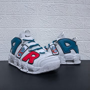 Front and side views of the sneakers with bear patches and bold lettering