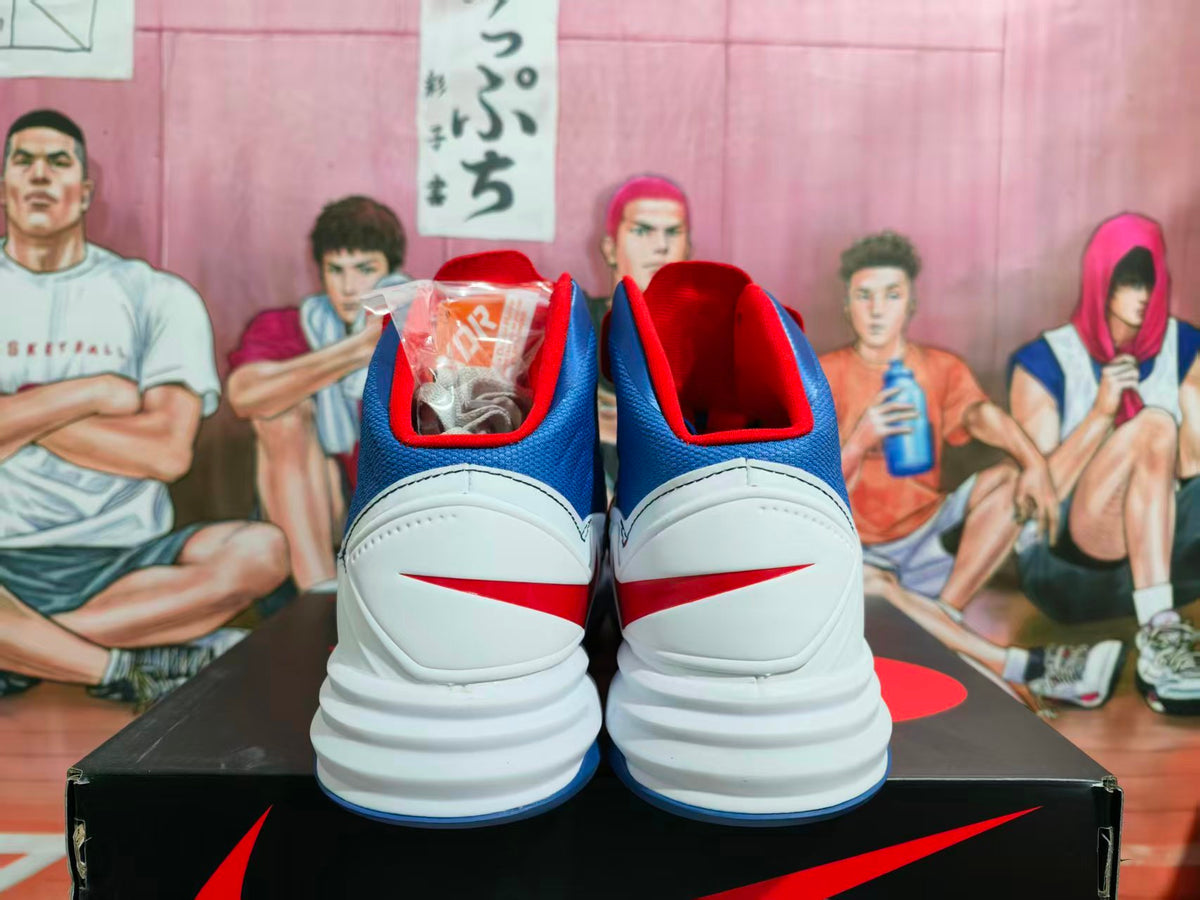 Rear view of blue, white, and red Nike basketball sneakers displayed on a shoebox.