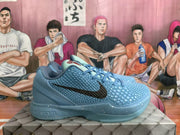 Side profile of a blue basketball sneaker with a textured upper, black Swoosh, and layered sole.