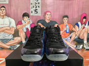 Front view of black Nike sneakers with rounded toes, black laces and translucent toe sections.