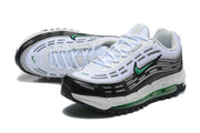 Pair of white, black, and green Nike sneakers shown from side and three-quarter angles.