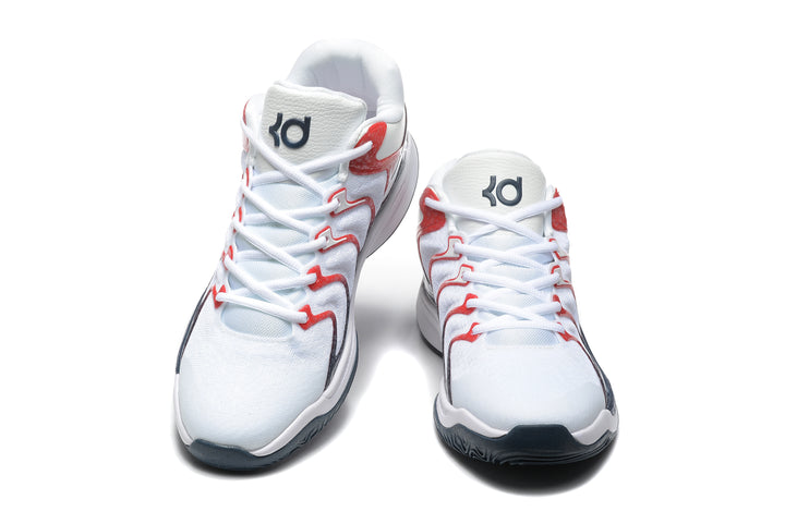 Front view of white basketball sneakers with red and black accents and KD logos on the tongues.