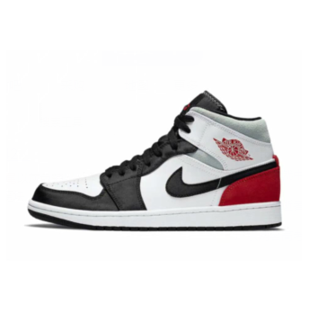 Black, white and red Jordan high-top sneaker with a contrast Swoosh and ankle wings logo.