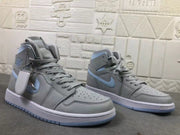 Pair of gray and pale blue high-top sneakers shown from the front three-quarter angle.