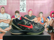 Side profile of a black camouflage basketball sneaker with red side branding, an olive-toned heel section, and visible Zoom midsole branding.