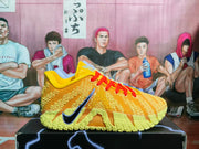 Side profile of the yellow sneaker showing its textured upper, red laces, Nike Swoosh, and patterned sole.