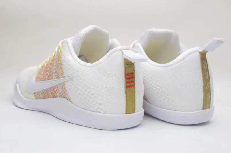 Rear and side view of white low-top sneakers with multicolor side panels and heel details.