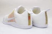 Rear and side view of white low-top sneakers with multicolor side panels and heel details.