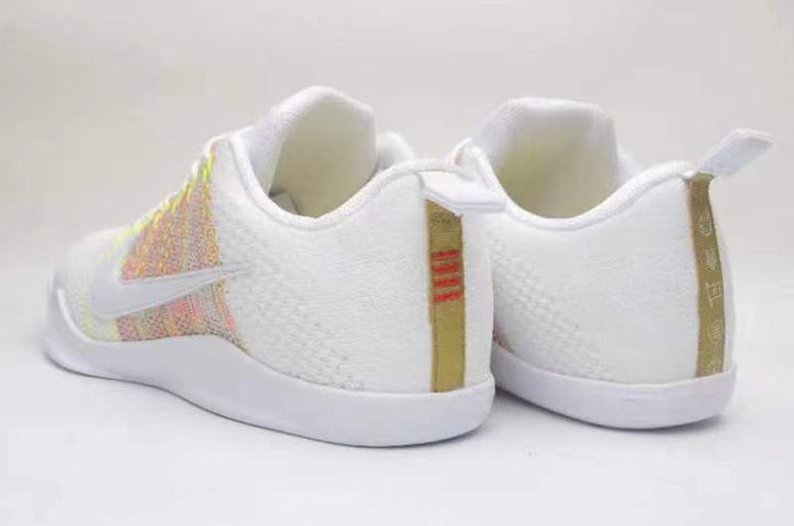Rear and side view of white low-top sneakers with multicolor side panels and heel details.
