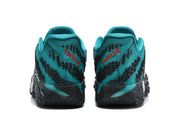 Rear view of the teal sneakers showing padded collars, patterned textile panels and black textured midsoles.