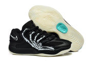 Side view of a black Nike KD basketball shoe with a skeleton-bone graphic and a pale translucent outsole.