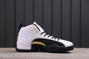 Opposite side view of a white, black, and gold Air Jordan 12 high-top sneaker