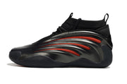 Side profile of a black and red Adidas Harden Vol. 9 sneaker.
