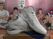 Angled view of the white and silver-gray basketball shoes